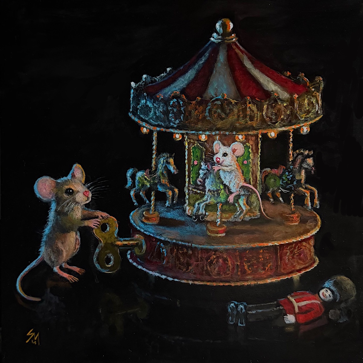 A mother mouse winds the key of a carousel so her little one can have another ride
