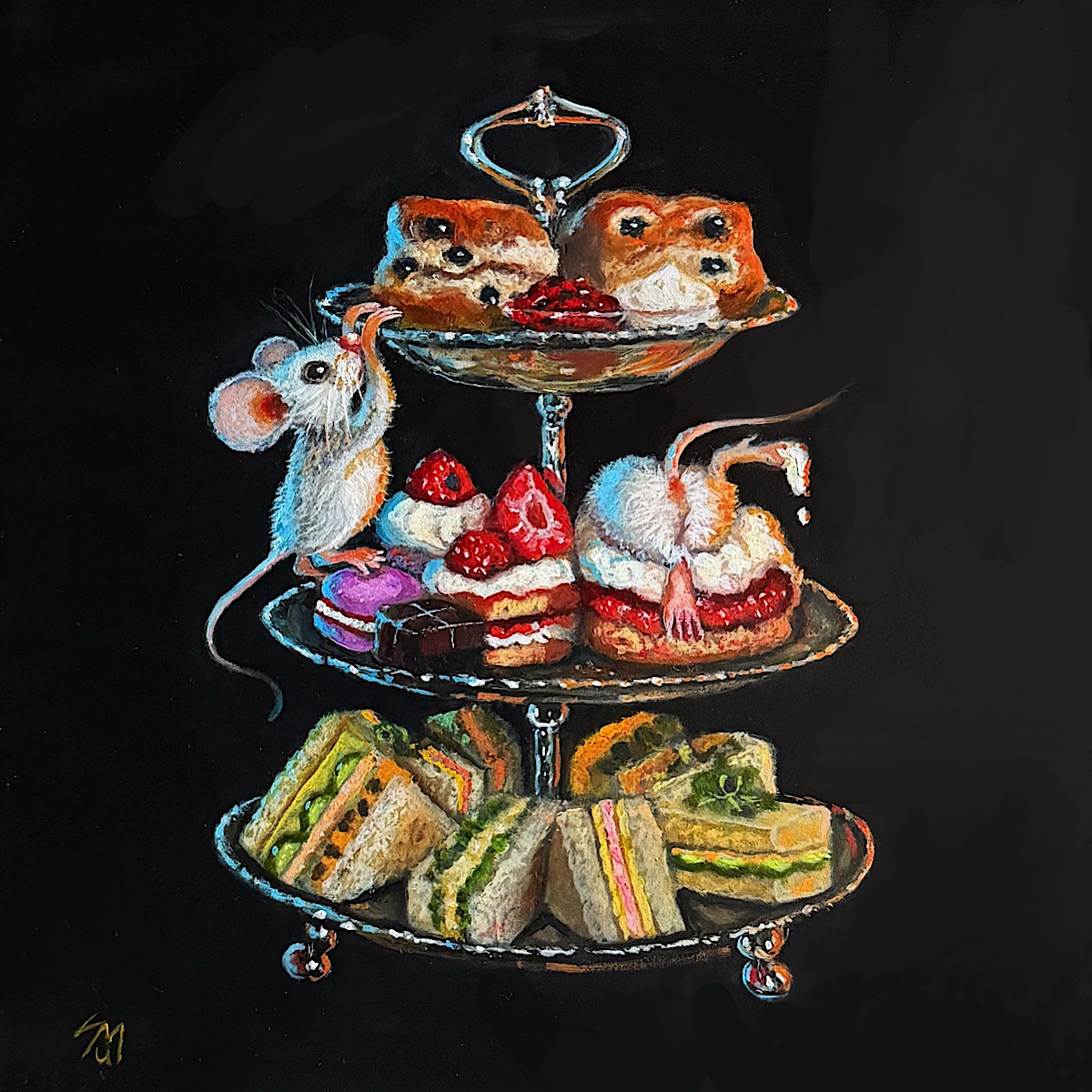 Two mice enjoy a tiered afternoon tea of sandwiches, cakes and pastries