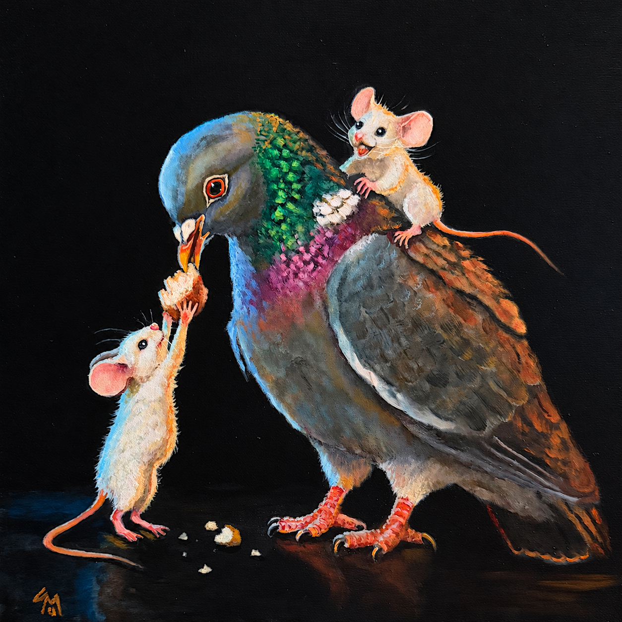 A colourful carrier pigeon sharing a morsel with one mouse, while another mouse rides on its back