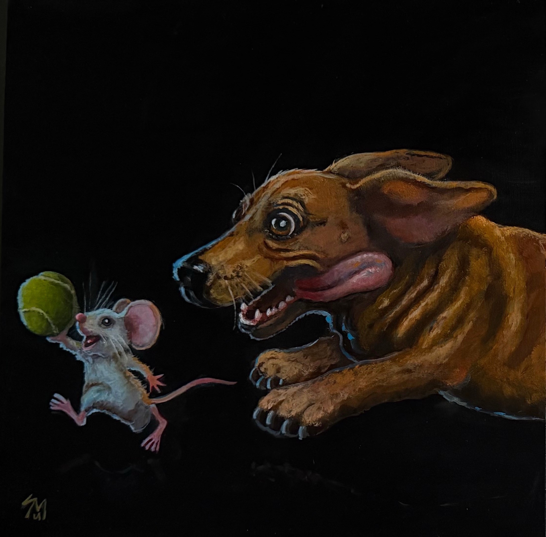 Left panel: a mouse runs ahead with a tennis ball as Poppy the dachshund chases it