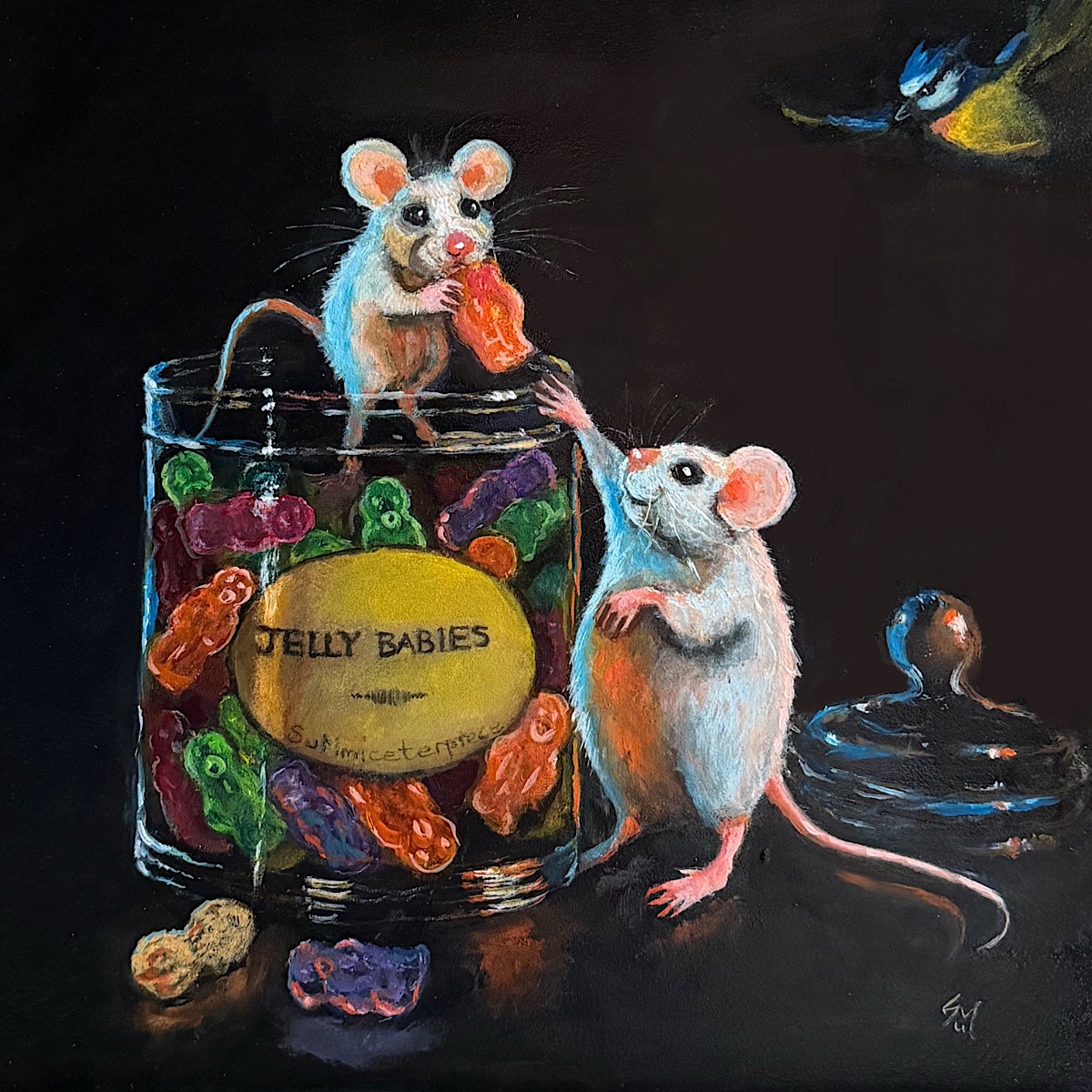 Two mice discover a jar of colourful jelly babies as a blue tit approaches