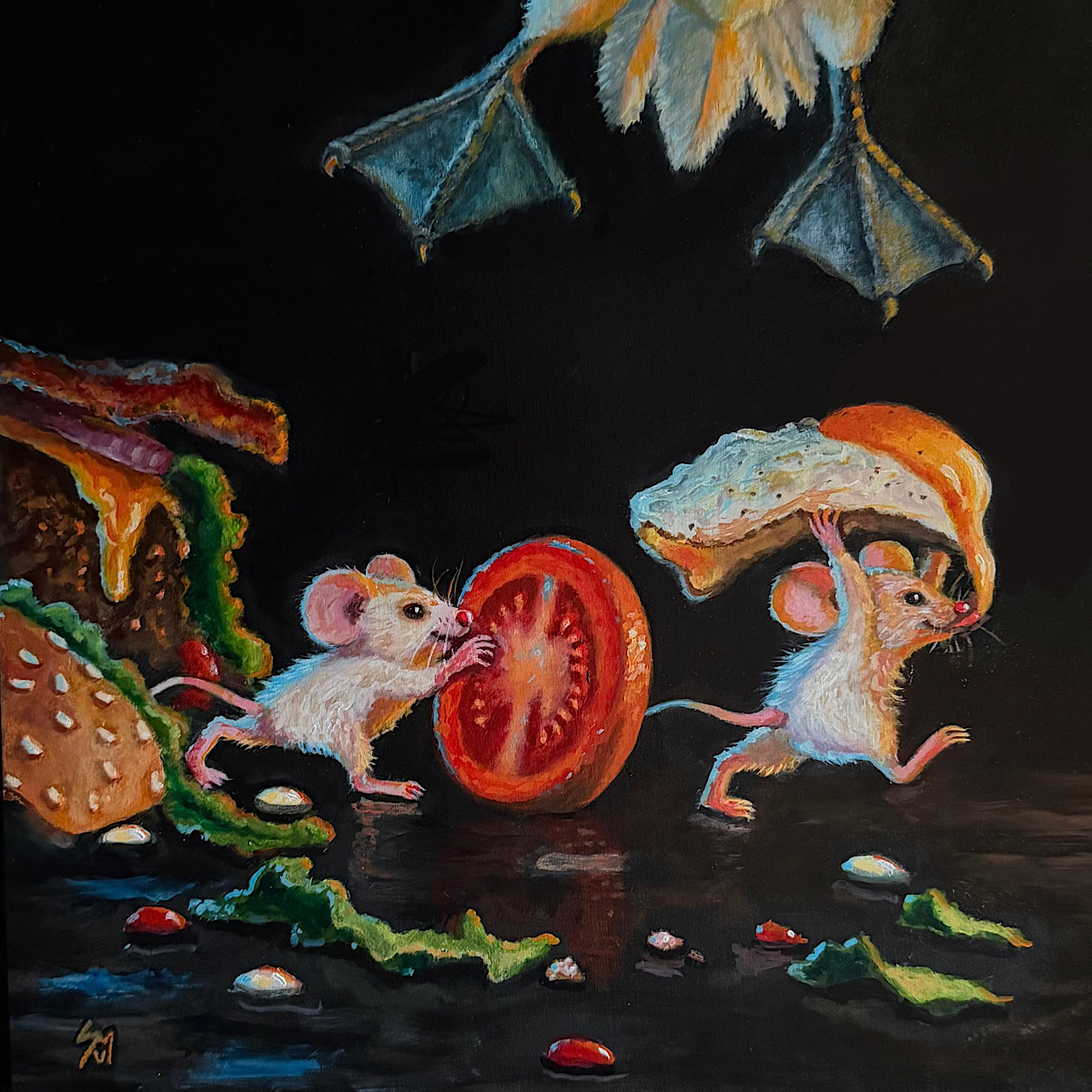 Two mice escape with an egg and tomato as a gull swoops above them beside a burger