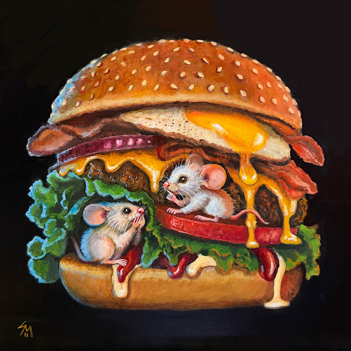 Two white mice hiding in a giant burger, among the lettuce, tomato and dripping cheese