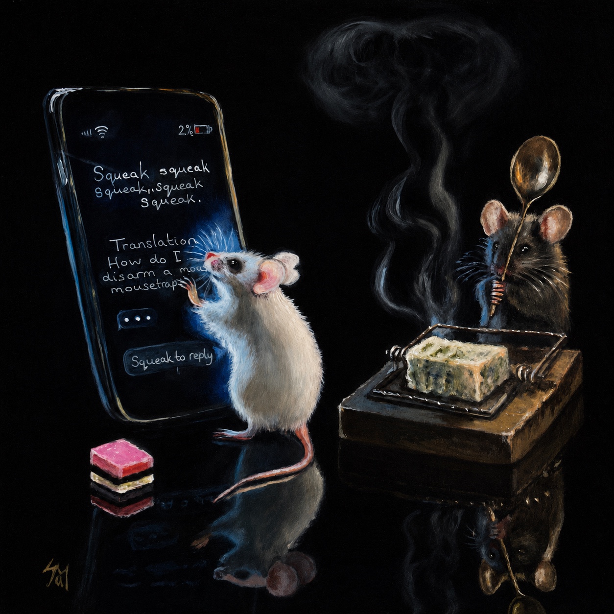 Squeak GPT, an oil painting of a white mouse consulting a phone while another mouse is caught in a mousetrap